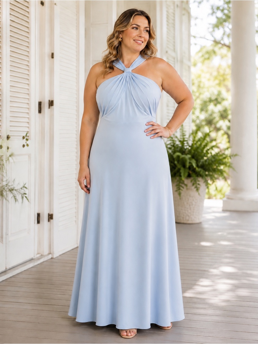Liv Foster Satin Halter Maxi Gown Light Blue Open Back Size 14